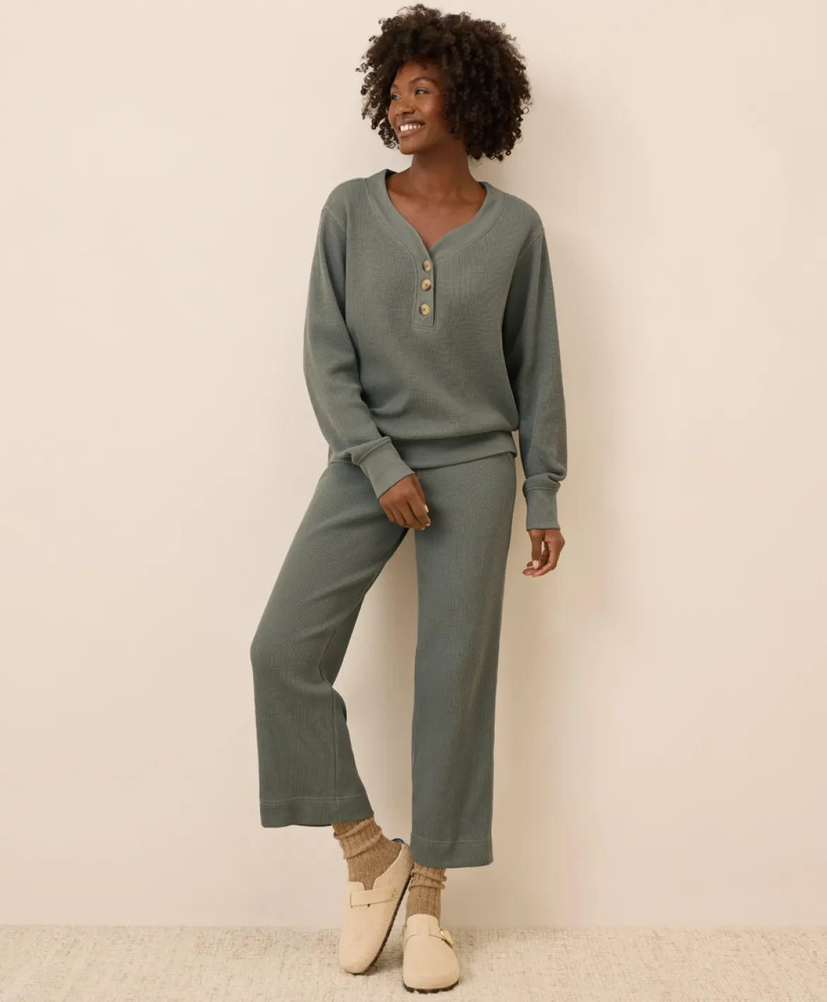 Organic Thermal Waffle Henley Pullover